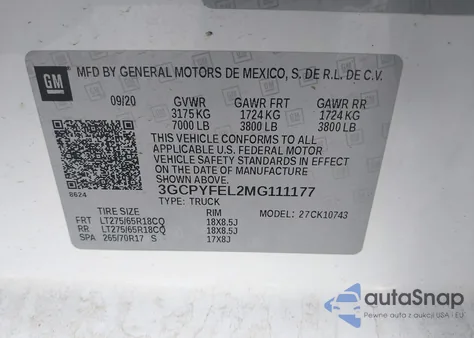 2021 Chevrolet Silverado 1500 4Wd Standard Bed Lt Trail Boss from USA, damaged, VIN 3GCPYFEL2MG111177